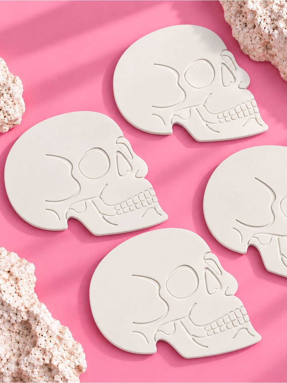 Skull Head Coaster Set — Halloween Decor — Handmade Coasters — Set of 4 — White